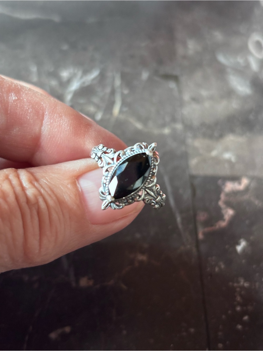 Silver Filigree Ring with Black  spinal Marquise Stone